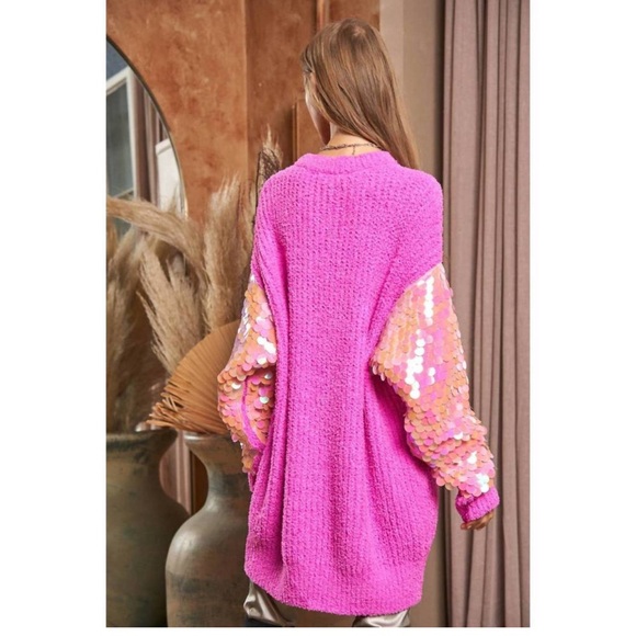 NWT DAVI & DANI Vibrant Pink Sweater Tunic with Sequin Sleeves - Picture 14 of 14